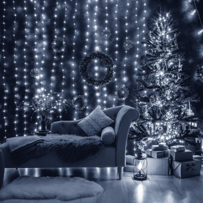 LED svetelný záves - 3x3m, 300LED, 8 funkcií, ovládač, pamäť, IP20, studená biela