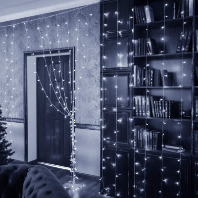 LED svetelný záves - 3x3m, 300LED, 8 funkcií, ovládač, pamäť, IP20, studená biela