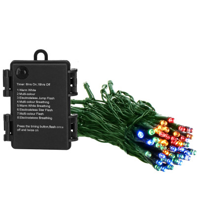 LED reťaz - 5m, 50LED, 8-funkcií, časovač, 3xAA, IP44, multicolor