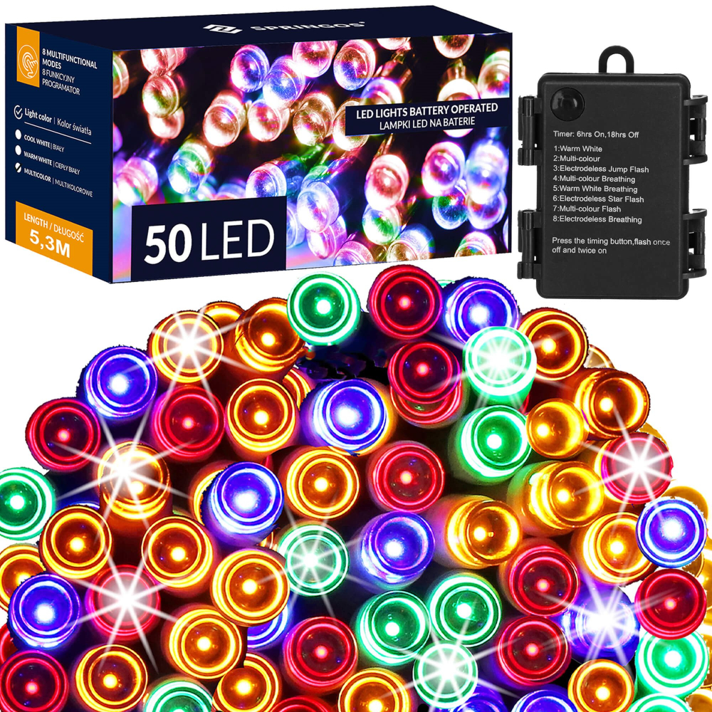 LED reťaz - 5m, 50LED, 8-funkcií, časovač, 3xAA, IP44, multicolor