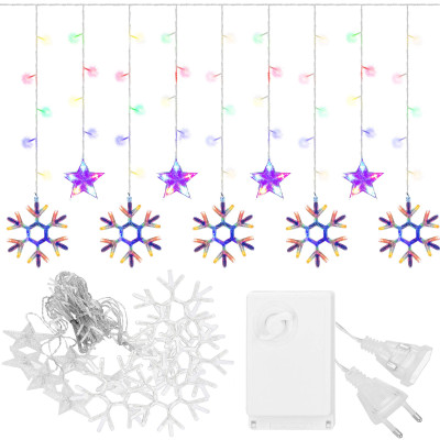 LED záves Vločky a Hviezdy - 2,5x0,65m, 150LED, 8 funkcií, IP20, multicolor