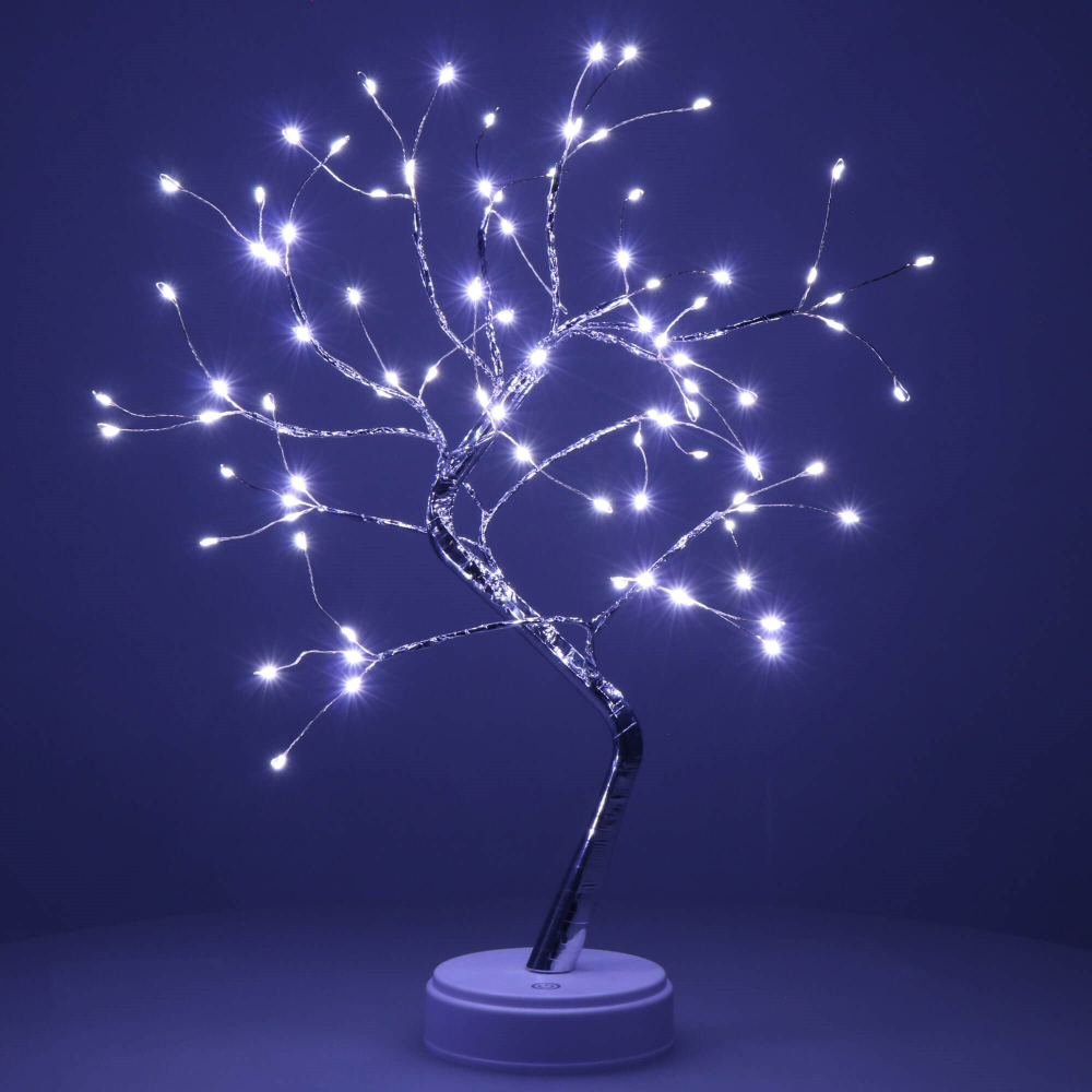 LED Bonsai strieborná - 45cm, 90LED, 2 funkcie, USB, 3xAA, IP20, studená biela
