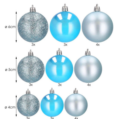 Vianočné banky strieborno-tyrkysové mix - 4/5/6cm, sada 30ks