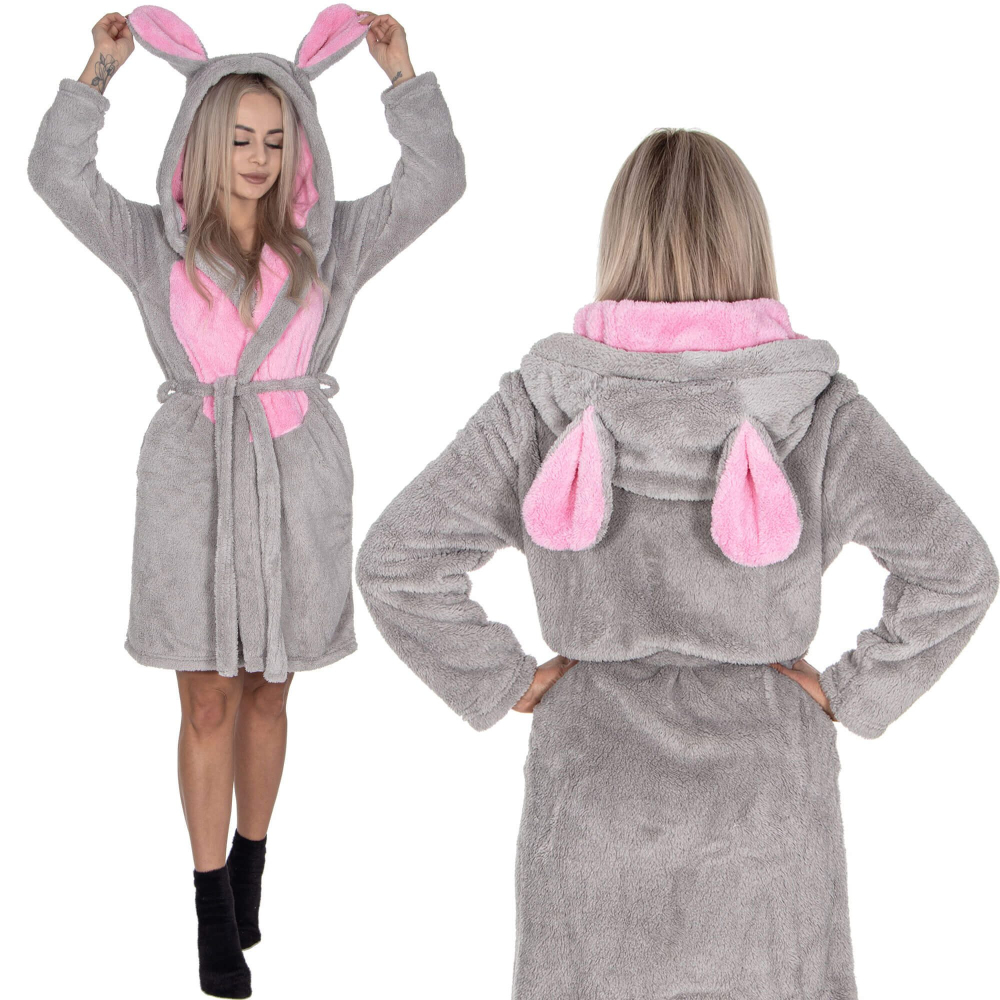 Dámsky župan s ušami L/XL SPRINGOS MOUSE šedo-ružový