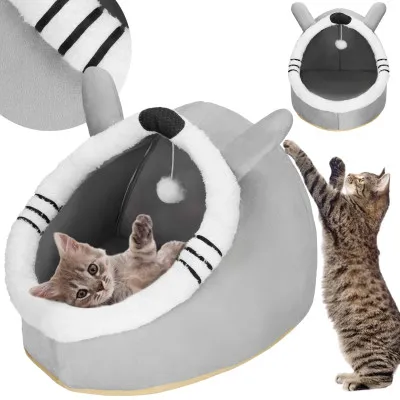 Domček pre mačku s hračkou SPRINGOS PA0241 sivo-biely