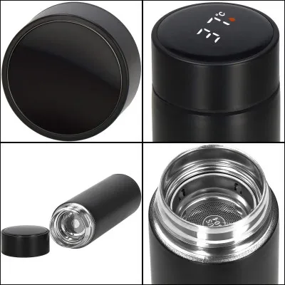 Nerezová termoska s teplomerom + sitko 500 ml SPRINGOS THERMOS čierna