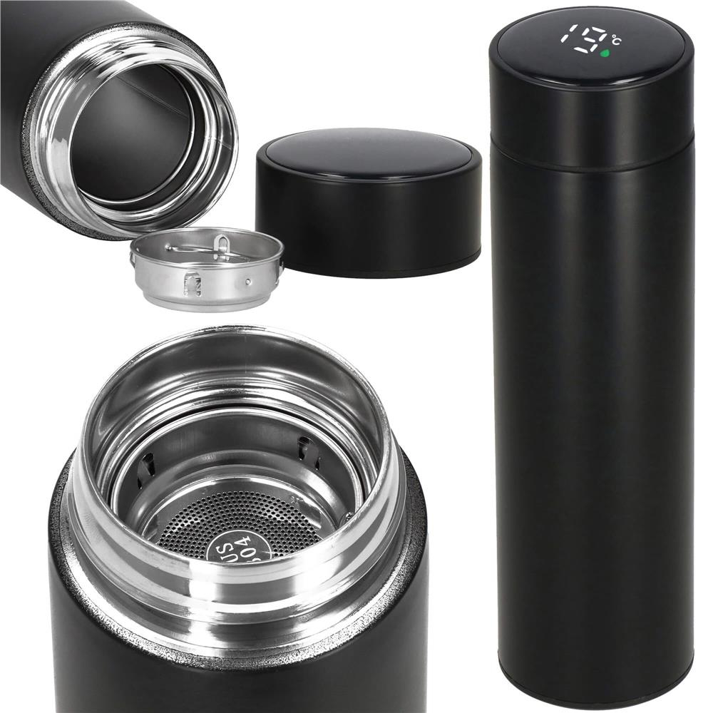 Nerezová termoska s teplomerom + sitko 500 ml SPRINGOS THERMOS čierna