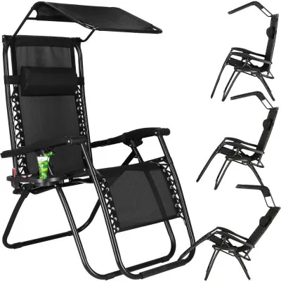 Záhradné polohovacie kreslo so strieškou SPRINGOS ZERO GRAVITY čierne
