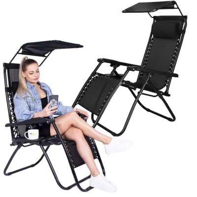 Záhradné polohovacie kreslo so strieškou SPRINGOS ZERO GRAVITY čierne