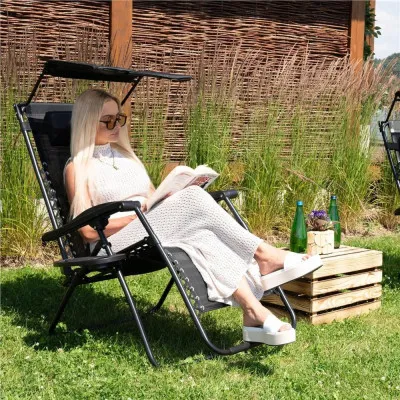 Záhradné polohovacie kreslo so strieškou SPRINGOS ZERO GRAVITY čierne
