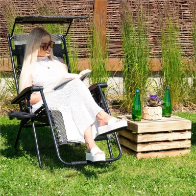 Záhradné polohovacie kreslo so strieškou SPRINGOS ZERO GRAVITY čierno-hnedé