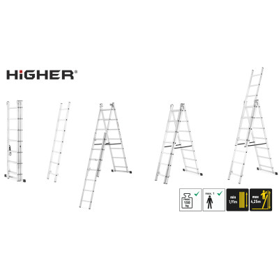 Hliníkový rebrík 3x7 priečok 4,25 m trojdielny HIGHER 6307