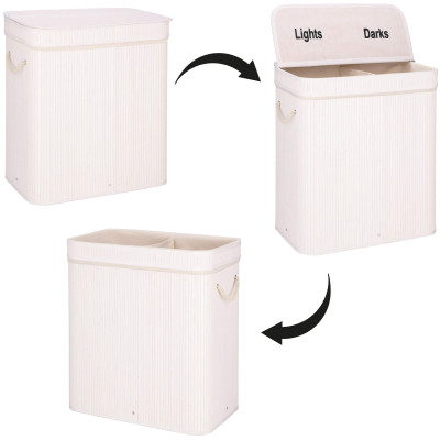 Kôš na bielizeň dvojdielny 100l SPRINGOS LUMORA bambus biely