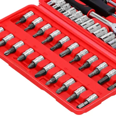 Sada 45 dielov nástrčných kľúčov s bitmi a račňou SPRINGOS MONTIX červená