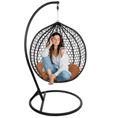 Hojdacie kreslo so stojanom SPRINGOS BEATA čierne + hnedé vankúše