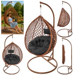 Hojdacie kreslo so stojanom SPRINGOS BEATA PREMIUM hnedé + tmavo šedé vankúše