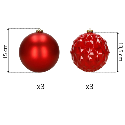 Vianočné banky - červené mix 15 cm, sada 6ks CA1528