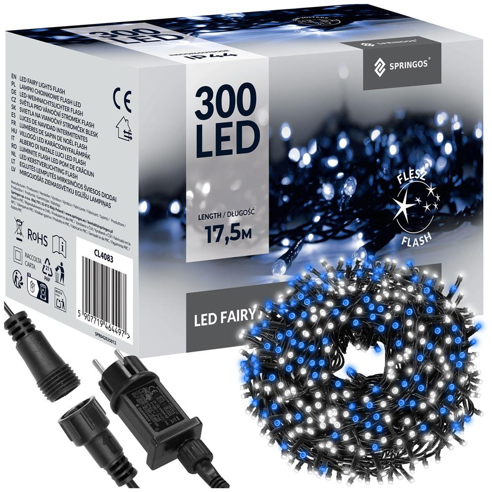 LED svetelná reťaz - 17,5m, 300LED, IP44, modrá + záblesky