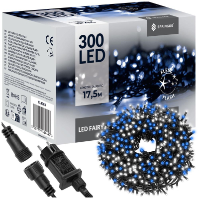 LED svetelná reťaz - 17,5m, 300LED, IP44, modrá + záblesky