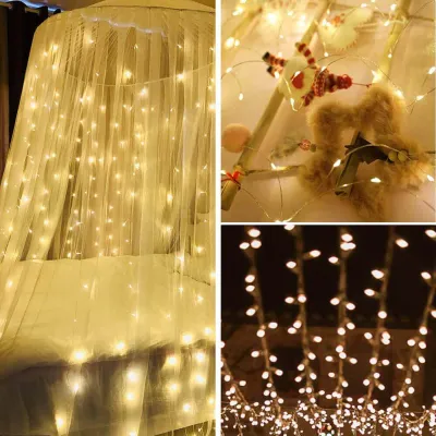 LED Nano svetelný záves - 3x2m, 200LED, 8 funkcií, ovládač, USB, IP44, teplá biela