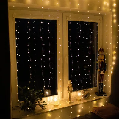 LED Nano svetelný záves - 3x2m, 200LED, 8 funkcií, ovládač, USB, IP44, teplá biela