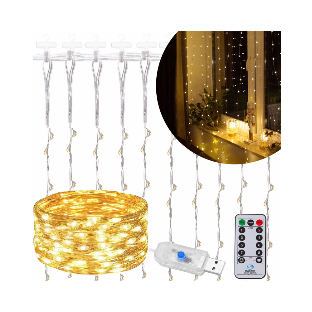 LED Nano svetelný záves - 3x2m, 200LED, 8 funkcií, ovládač, USB, IP44, teplá biela