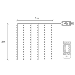 LED Nano svetelný záves - 3x2m, 200LED, 8 funkcií, ovládač, USB, IP44, teplá biela
