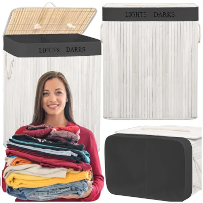 Kôš na bielizeň dvojdielny 105l SPRINGOS bambus biely