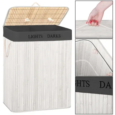 Kôš na bielizeň dvojdielny 105l SPRINGOS bambus biely