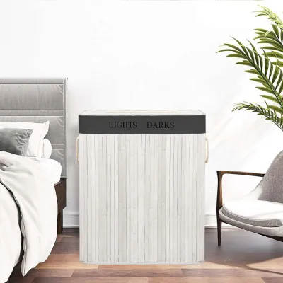 Kôš na bielizeň dvojdielny 105l SPRINGOS bambus biely