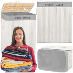 Kôš na bielizeň dvojdielny 105l SPRINGOS bambus biely / svetlo šedý