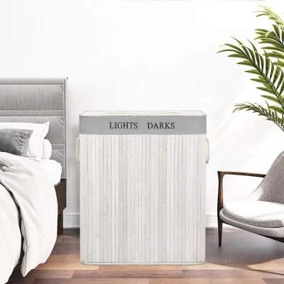 Kôš na bielizeň dvojdielny 105l SPRINGOS bambus biely / svetlo šedý