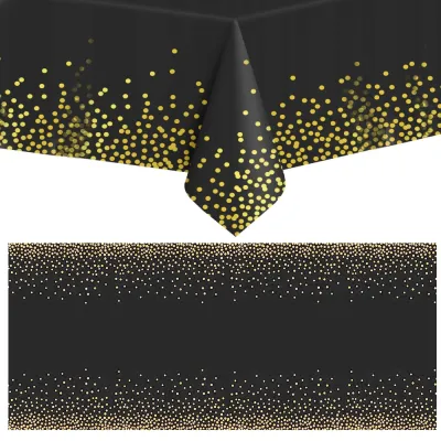 Obrus na stôl 272x137 cm vodeodolný SPRINGOS PS0049 čierny so zlatými bodkami