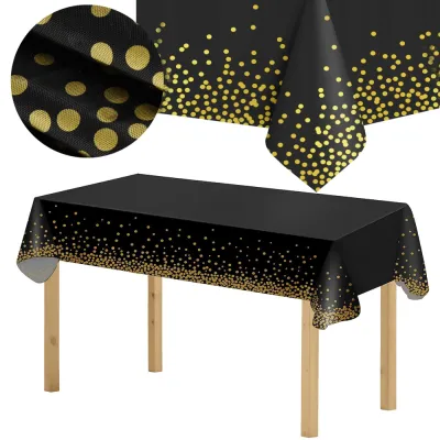 Obrus na stôl 272x137 cm vodeodolný SPRINGOS PS0049 čierny so zlatými bodkami