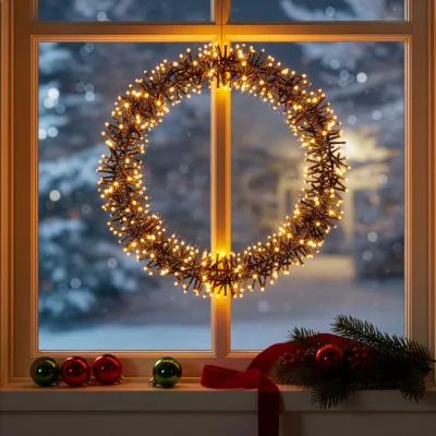 LED svetelný veniec 39cm 300LED 8-funkcií IP44 teplá biela