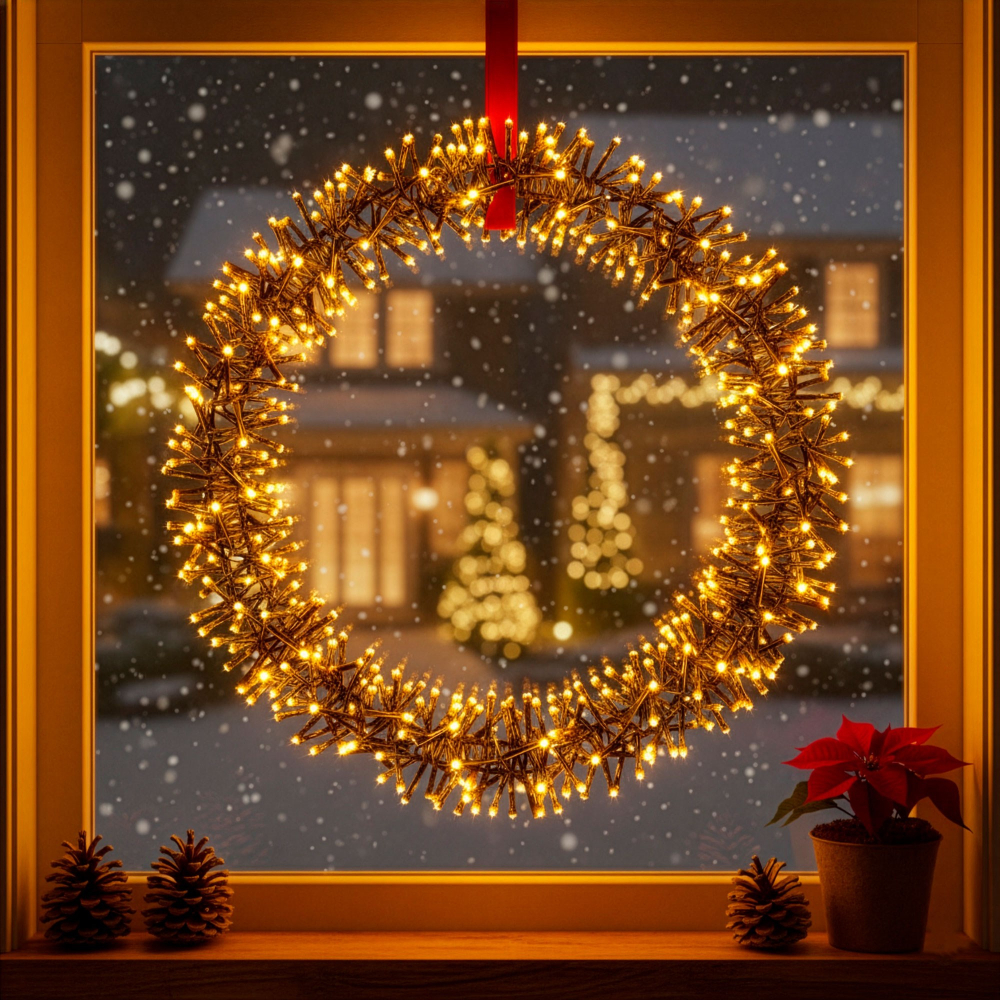 LED svetelný veniec 39cm 300LED 8-funkcií IP44 teplá biela