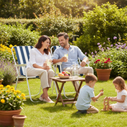 Záhradné kreslo SPRINGOS MALAGA modro-biele pruhy