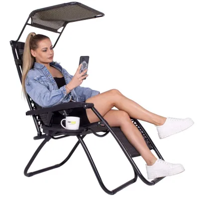 Záhradné polohovacie kreslo so strieškou SPRINGOS ZERO GRAVITY čierno-hnedé