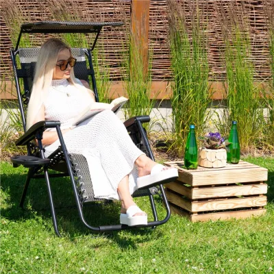 Záhradné polohovacie kreslo so strieškou SPRINGOS ZERO GRAVITY čierno-hnedé