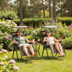 Záhradné polohovacie kreslo so strieškou SPRINGOS ZERO GRAVITY čierno-hnedé