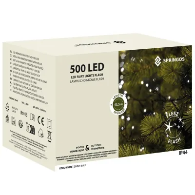 LED svetelná reťaz - 41,5m, 500LED, IP44, studená biela + záblesky
