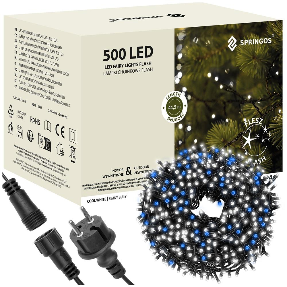 LED svetelná reťaz - 41,5m, 500LED, IP44, studená biela + záblesky