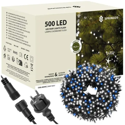 LED svetelná reťaz - 41,5m, 500LED, IP44, studená biela + záblesky