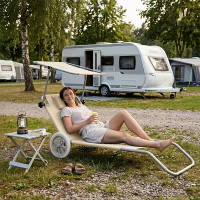 Záhradné lehátko na kolieskach SPRINGOS MOBI béžové