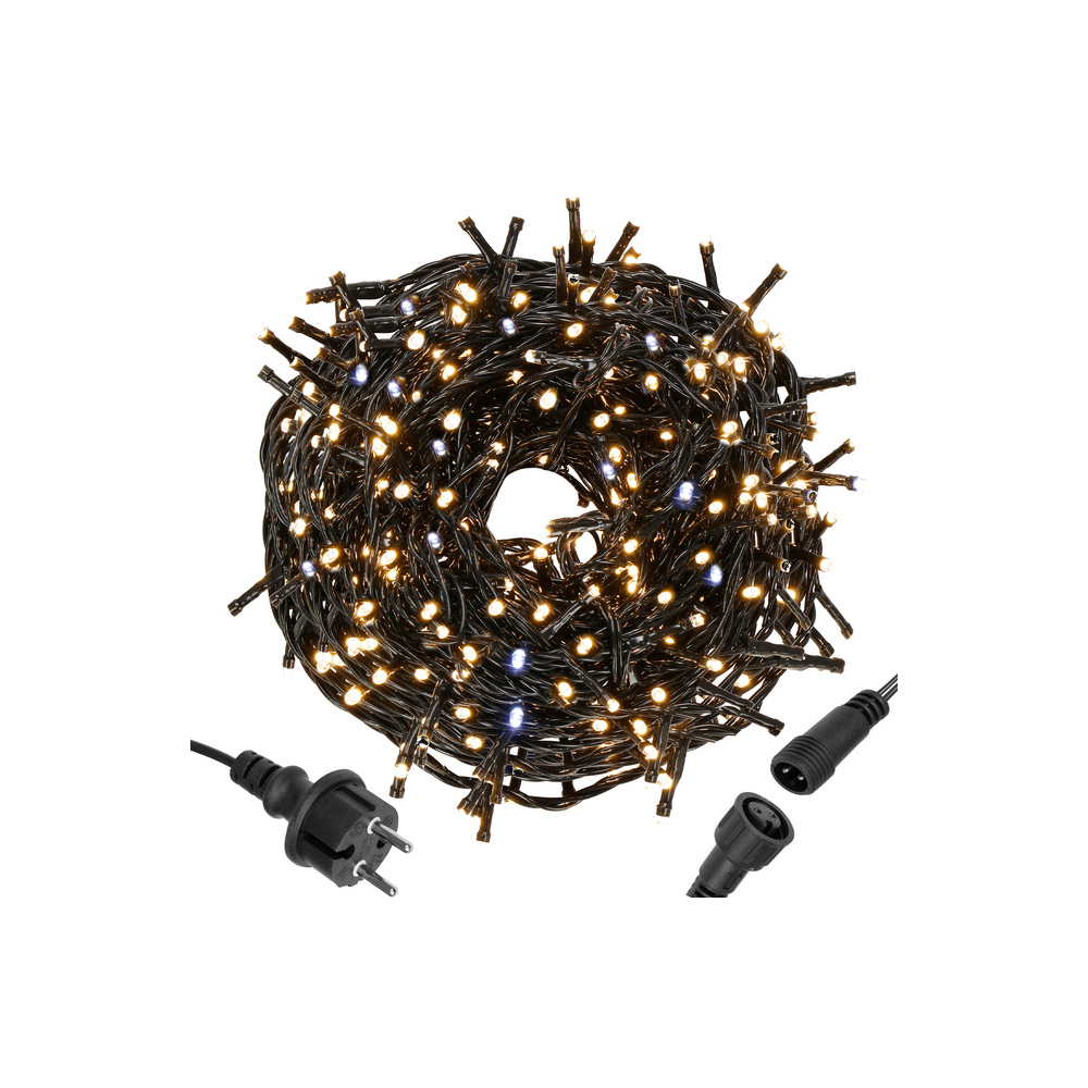 LED svetelná reťaz - 25,5m, 300LED, IP44, teplá biela + záblesky