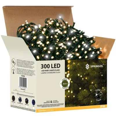 LED svetelná reťaz - 25,5m, 300LED, IP44, teplá biela + záblesky