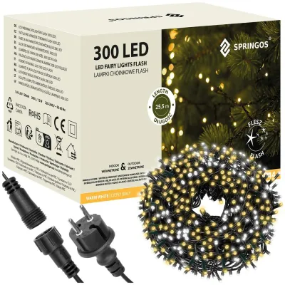 LED svetelná reťaz - 25,5m, 300LED, IP44, teplá biela + záblesky