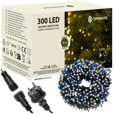 LED svetelná reťaz - 25,5m, 300LED, IP44, studená biela + záblesky