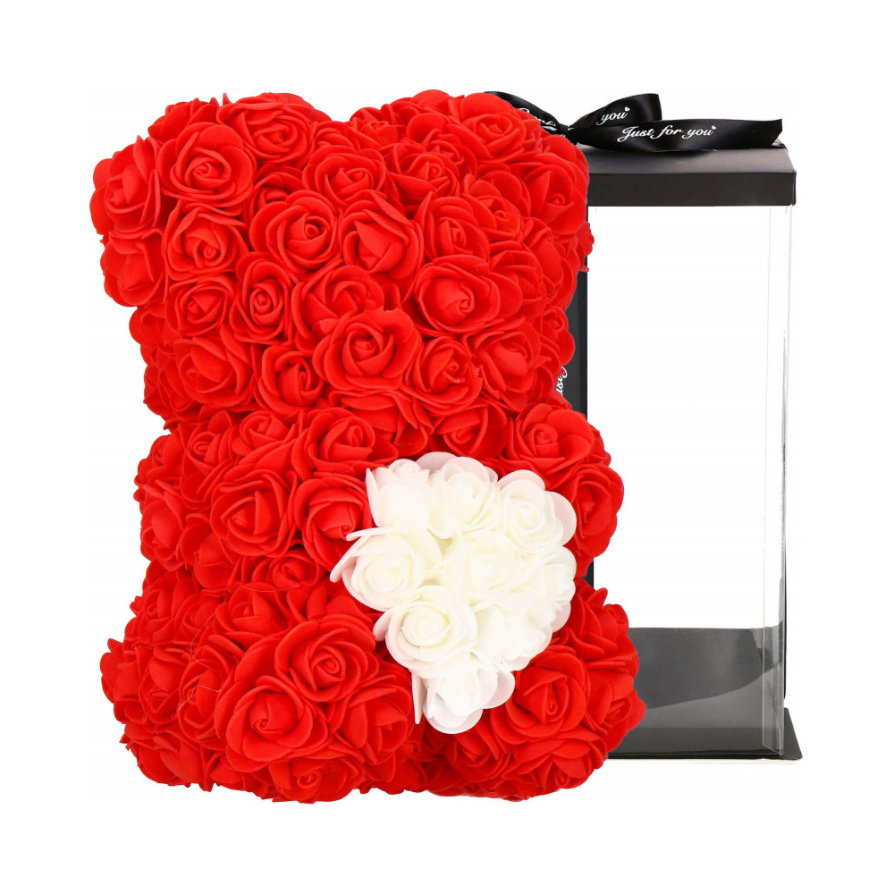 Medvedík z ruží 22 cm SPRINGOS ROSE BEAR HA7219 červený s bielym srdcom