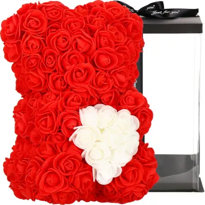 Medvedík z ruží 22 cm SPRINGOS ROSE BEAR HA7219 červený s bielym srdcom